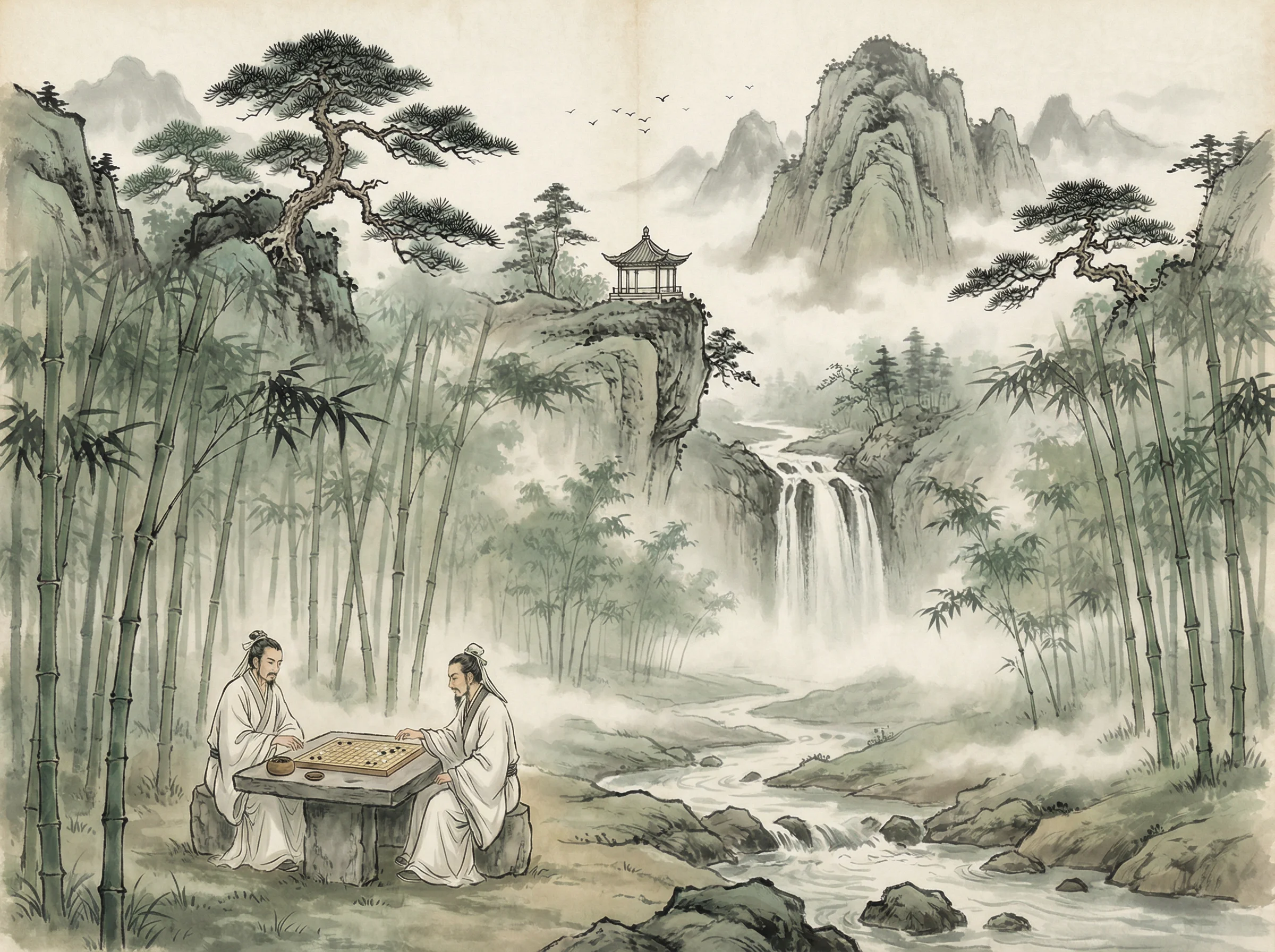 水墨山水画，松亭瀑布，876棋牌 意境延伸