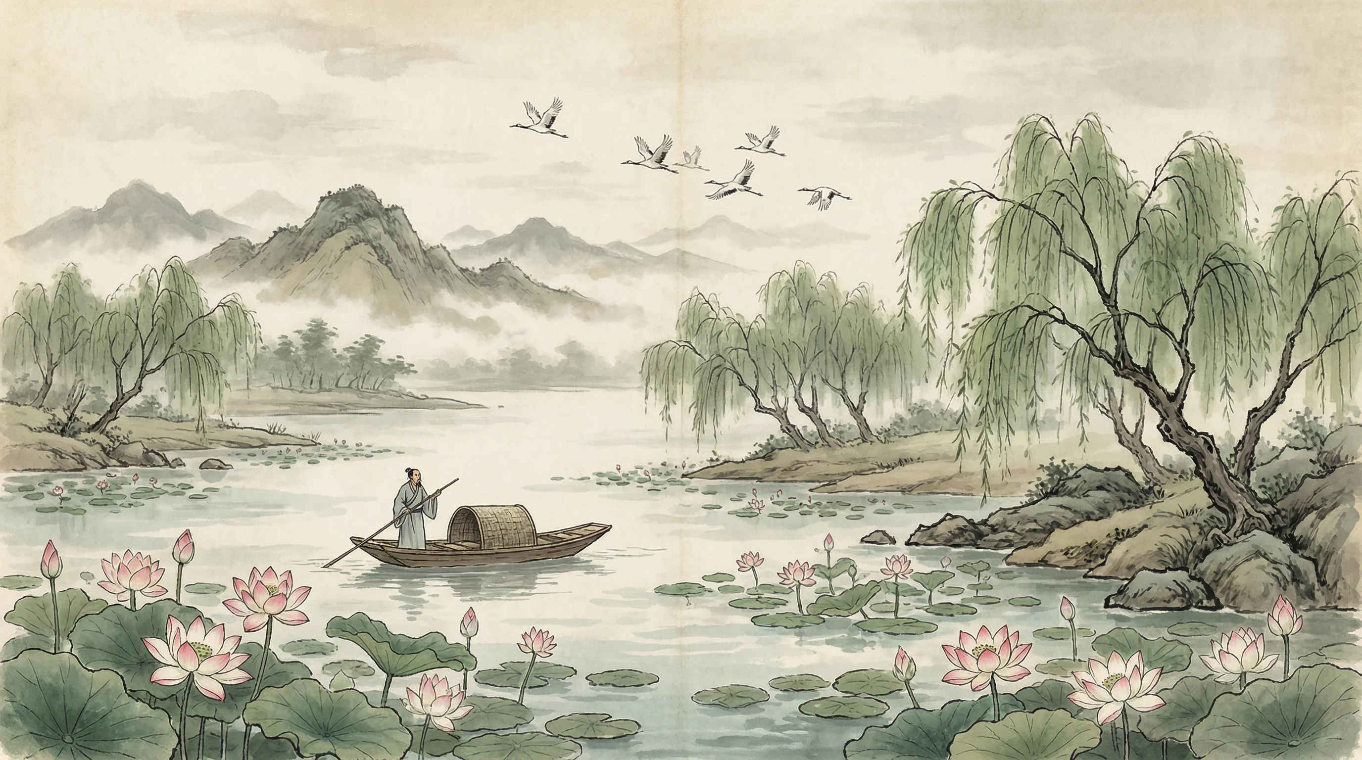 荷塘泛舟水墨画，与 876棋牌 禅意相映