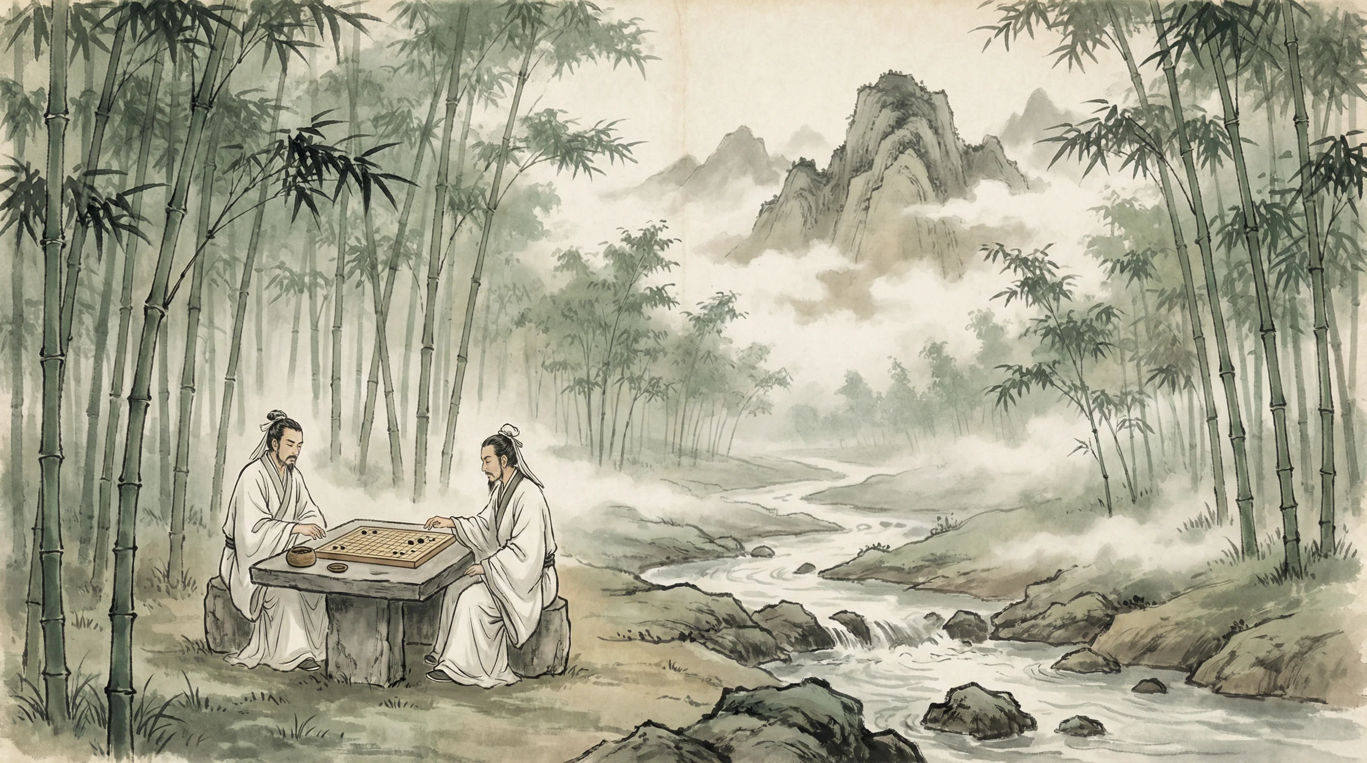 竹林对弈山水画，876棋牌 棋道风景